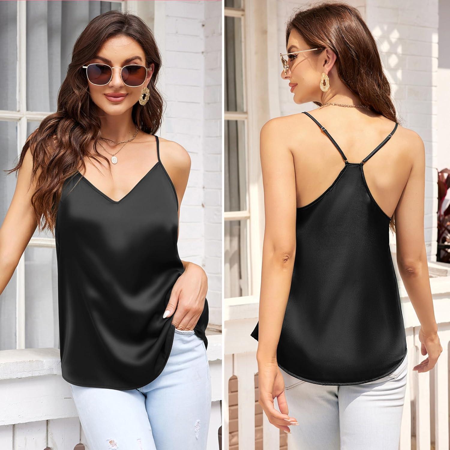 imageEkouaer Womens Satin Cami Tops 2 Pack V Neck Silk Camisole Tank Top Spaghetti Strap Racerback Camis Blouse ShirtBlackChampagne