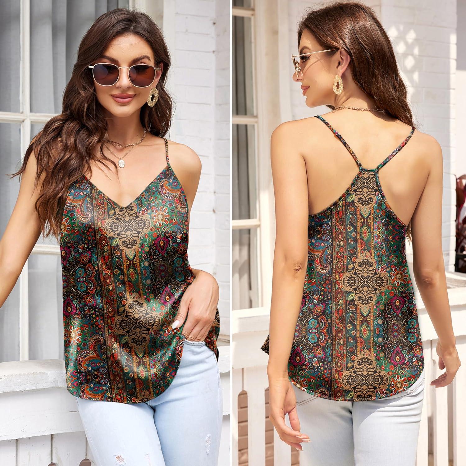 imageEkouaer Womens Satin Cami Tops 2 Pack V Neck Silk Camisole Tank Top Spaghetti Strap Racerback Camis Blouse ShirtBrown Ethnic StyleBlack