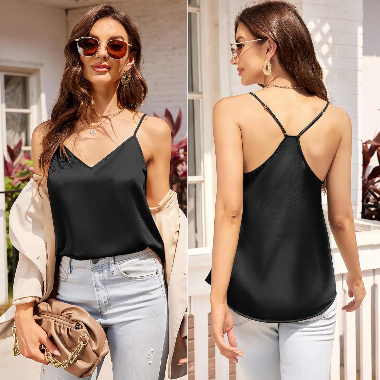 imageEkouaer Womens Satin Cami Tops 2 Pack V Neck Silk Camisole Tank Top Spaghetti Strap Racerback Camis Blouse ShirtBrown Ethnic StyleBlack