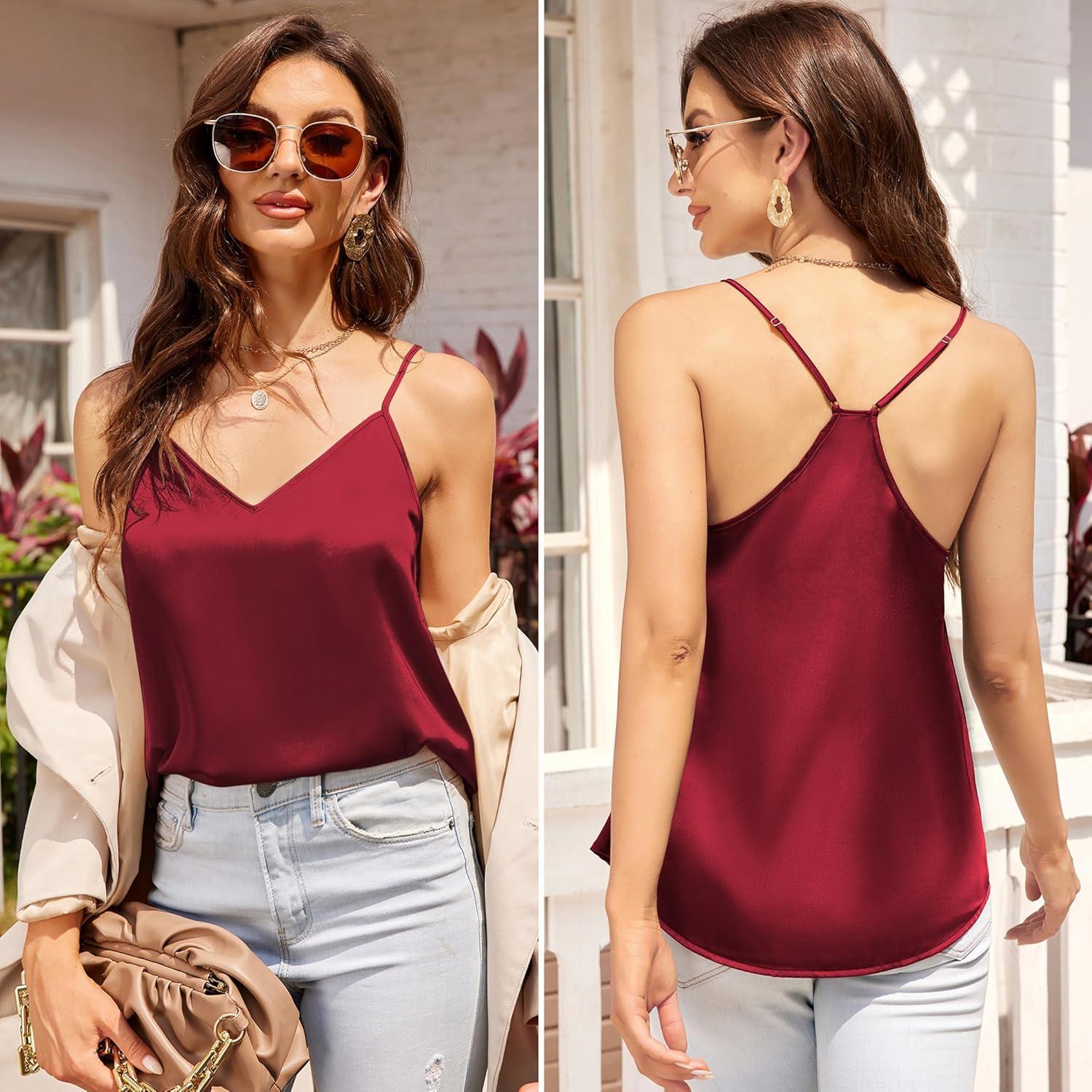 imageEkouaer Womens Satin Cami Tops 2 Pack V Neck Silk Camisole Tank Top Spaghetti Strap Racerback Camis Blouse ShirtChampagneWine Red