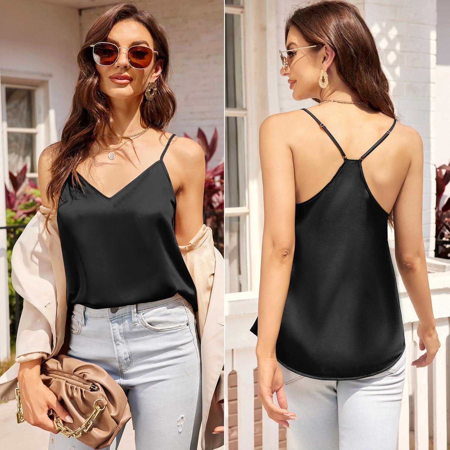 imageEkouaer Womens Satin Cami Tops 2 Pack V Neck Silk Camisole Tank Top Spaghetti Strap Racerback Camis Blouse ShirtDark GreenBlack