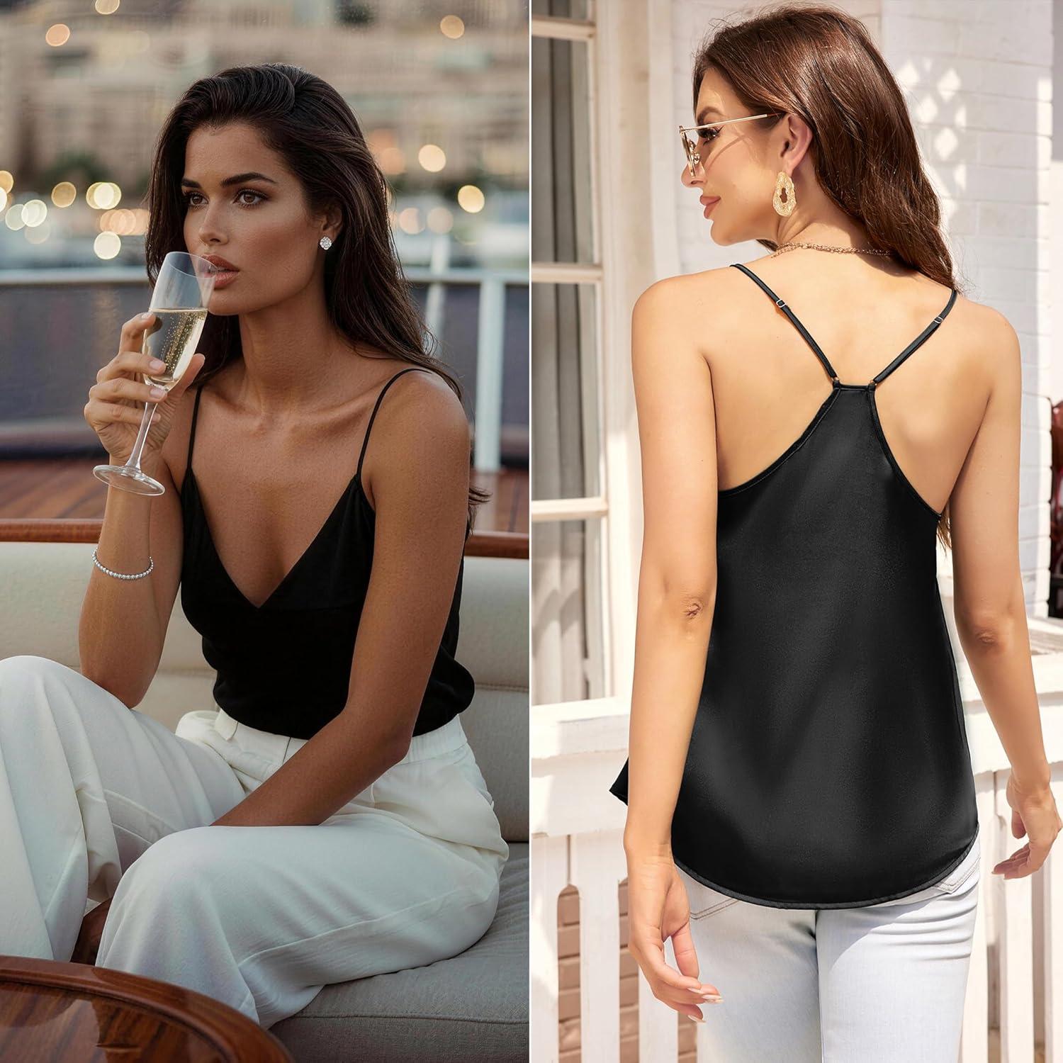 imageEkouaer Womens Satin Cami Tops 2 Pack V Neck Silk Camisole Tank Top Spaghetti Strap Racerback Camis Blouse ShirtNavy BlueBlack