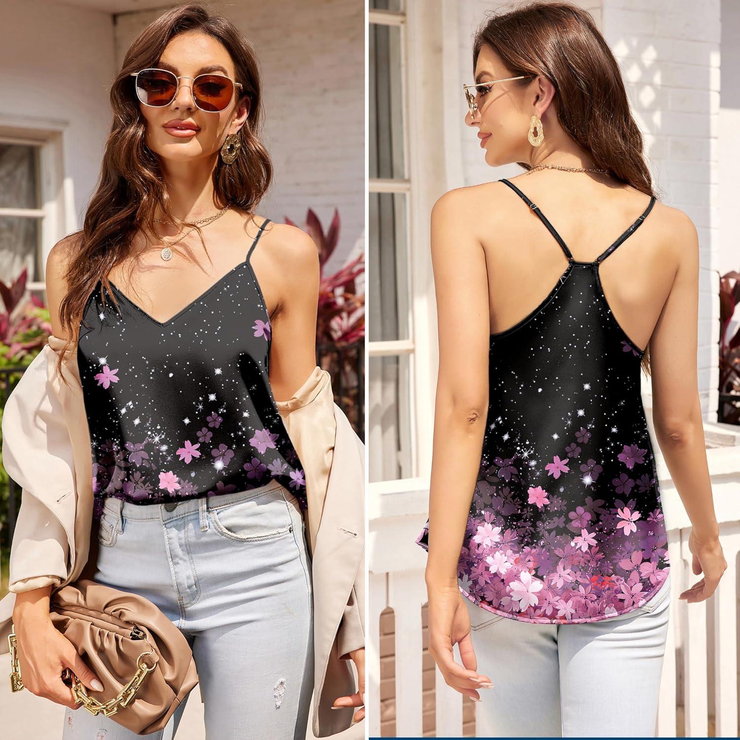 imageEkouaer Womens Satin Cami Tops 2 Pack V Neck Silk Camisole Tank Top Spaghetti Strap Racerback Camis Blouse ShirtPink BowPink Floral Black