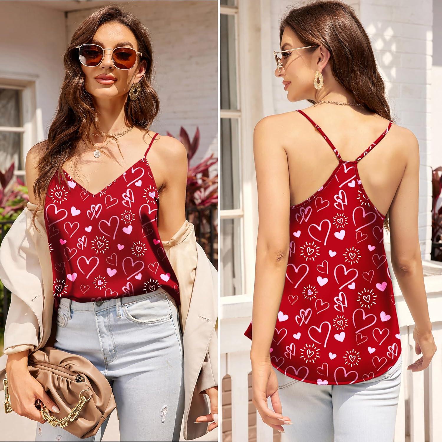 imageEkouaer Womens Satin Cami Tops 2 Pack V Neck Silk Camisole Tank Top Spaghetti Strap Racerback Camis Blouse ShirtPink Heart Kiss LipRed Heart