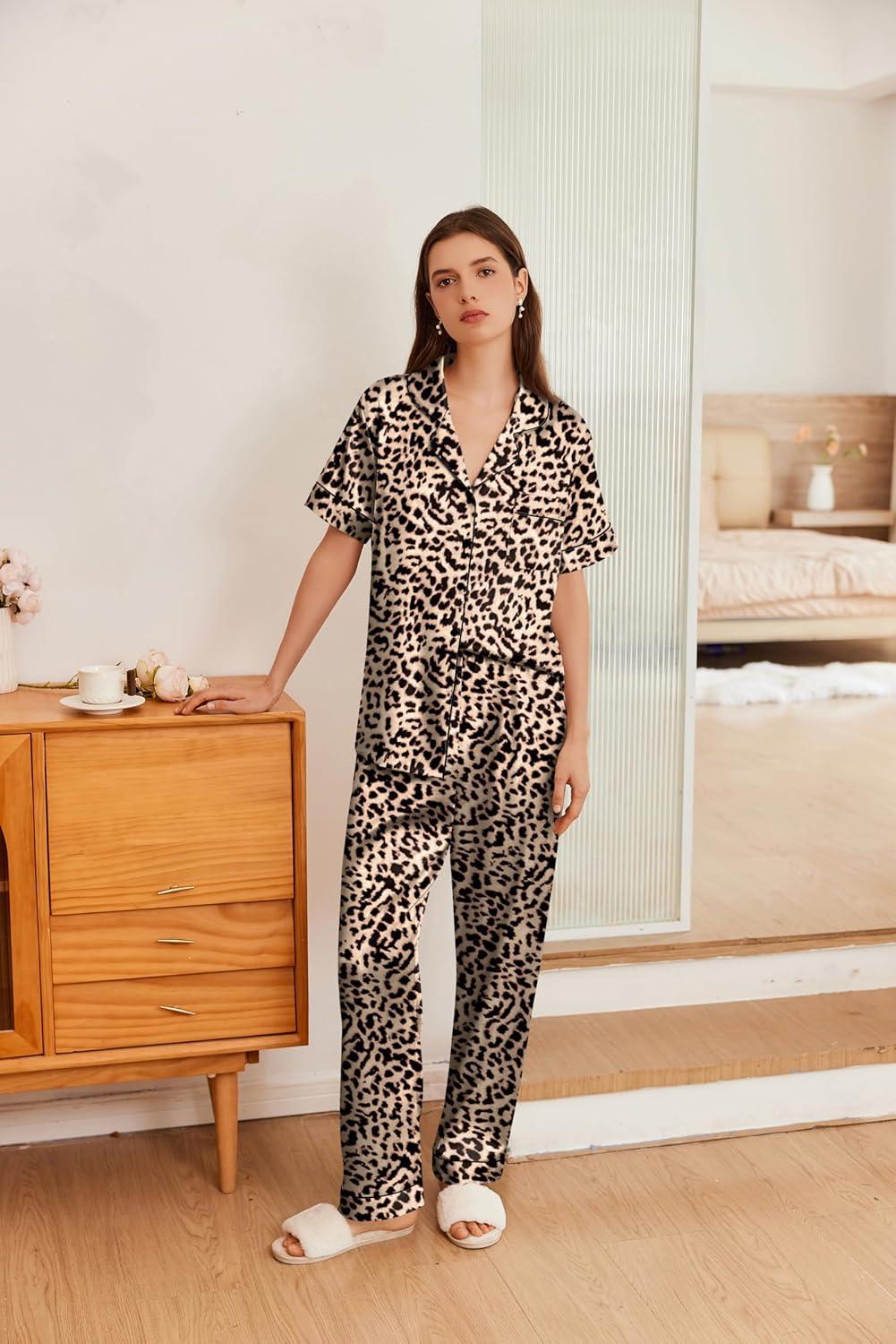 imageEkouaer Womens Silk Pajama Sets Silky Short Sleeve Pjs 2 Piece Silk Button Down Pajamas Soft Satin Pj Pants SetLeopard