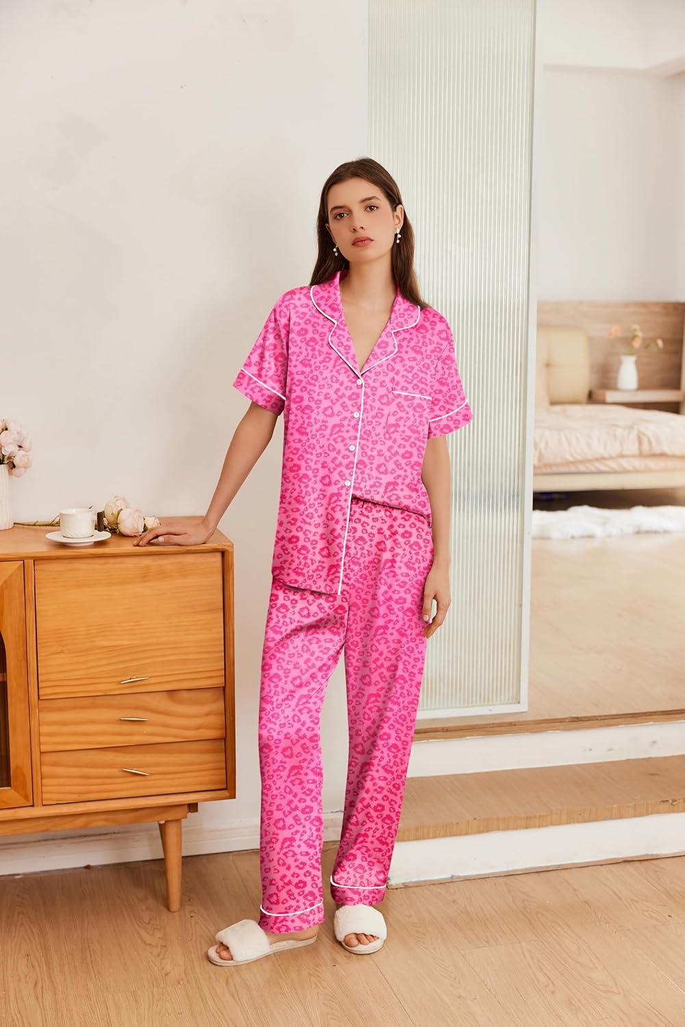 imageEkouaer Womens Silk Pajama Sets Silky Short Sleeve Pjs 2 Piece Silk Button Down Pajamas Soft Satin Pj Pants SetRose Leopard