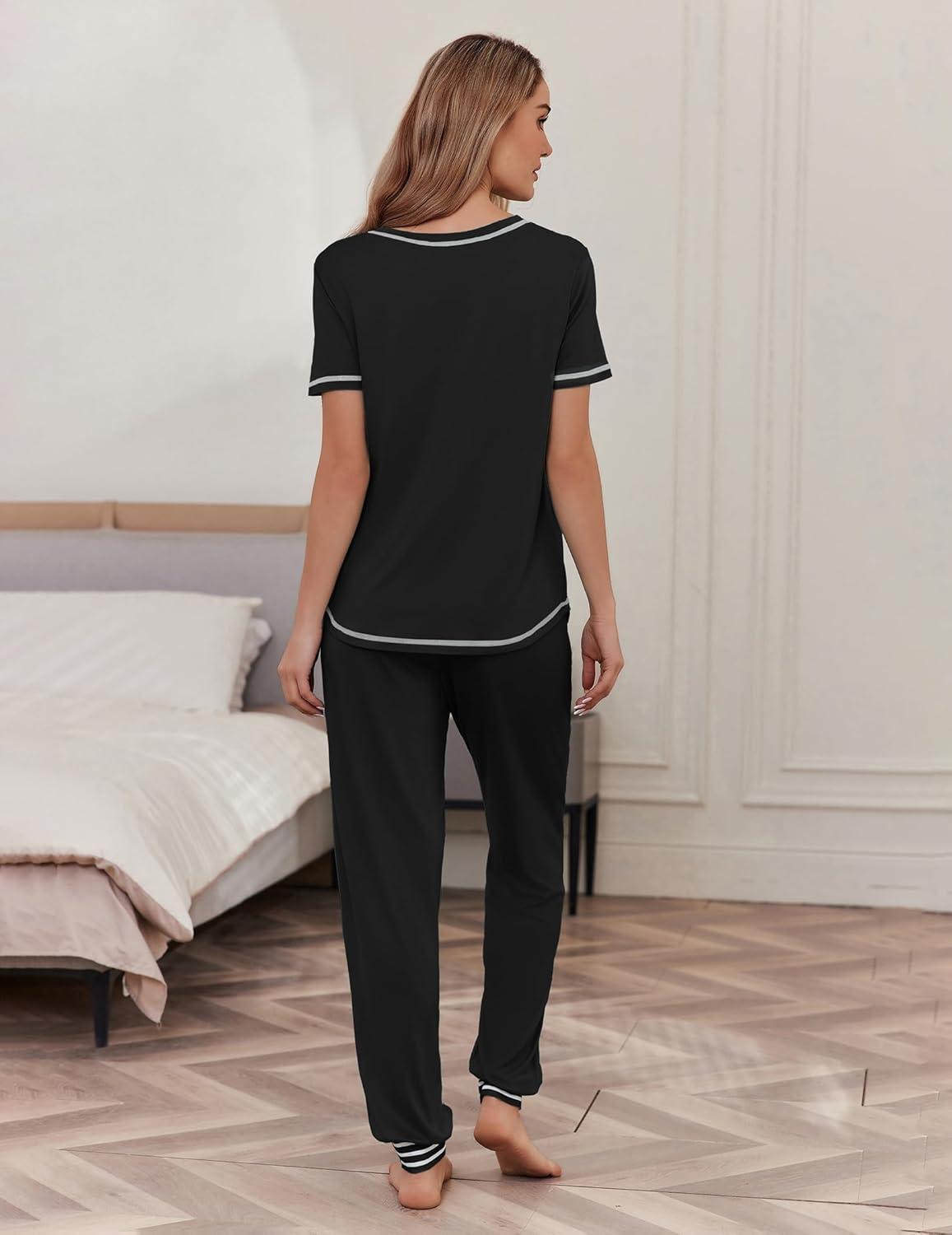 imageEkouaer womens pajama sets Short Sleeve Pjs Lounge Set 2 Piece Sleepwear with Long PantsBlack
