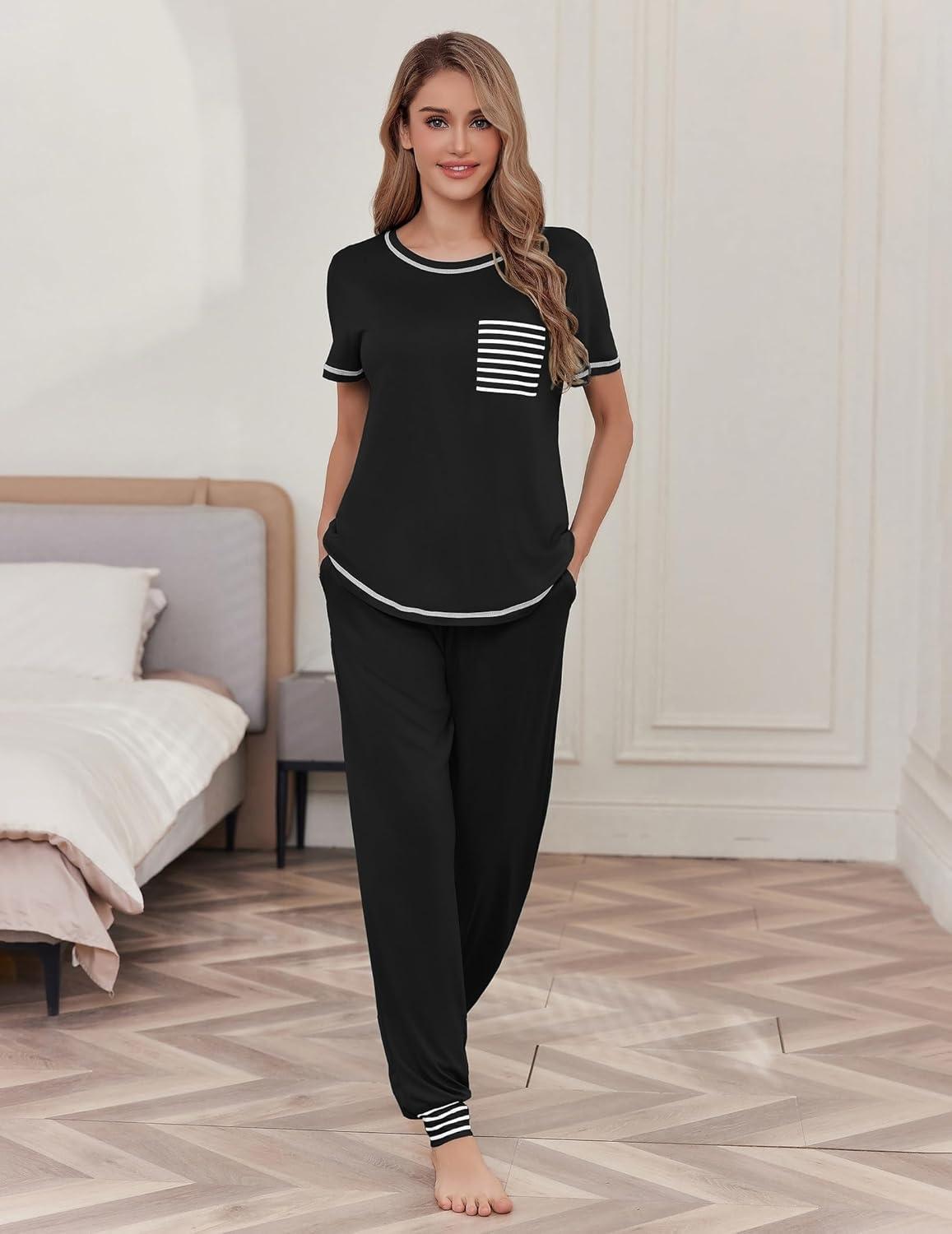 imageEkouaer womens pajama sets Short Sleeve Pjs Lounge Set 2 Piece Sleepwear with Long PantsBlack