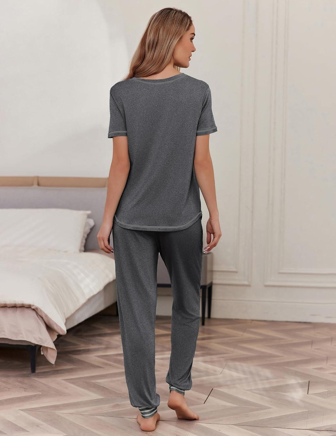 imageEkouaer womens pajama sets Short Sleeve Pjs Lounge Set 2 Piece Sleepwear with Long PantsDark Gray