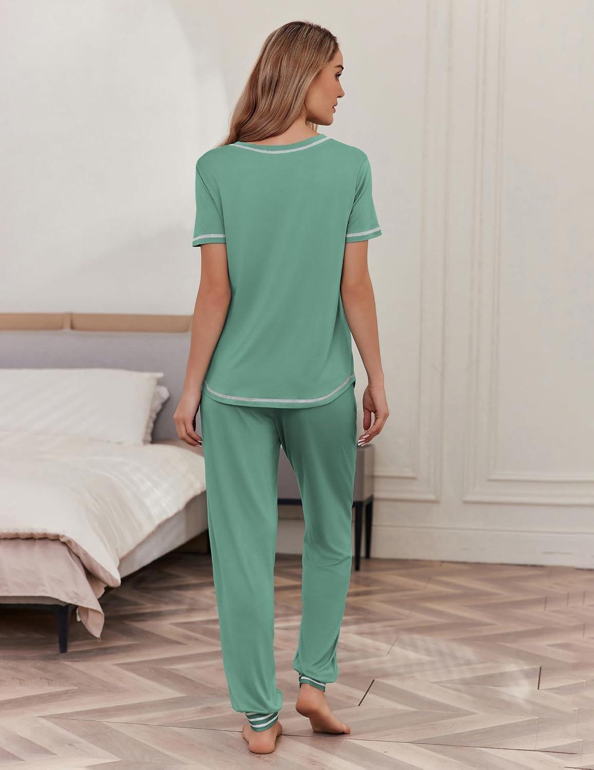 imageEkouaer womens pajama sets Short Sleeve Pjs Lounge Set 2 Piece Sleepwear with Long PantsGreen