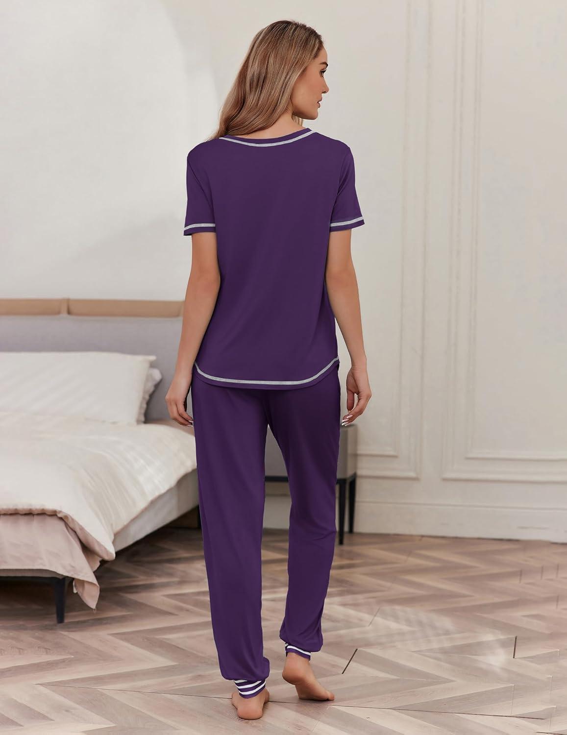 imageEkouaer womens pajama sets Short Sleeve Pjs Lounge Set 2 Piece Sleepwear with Long PantsIndigo