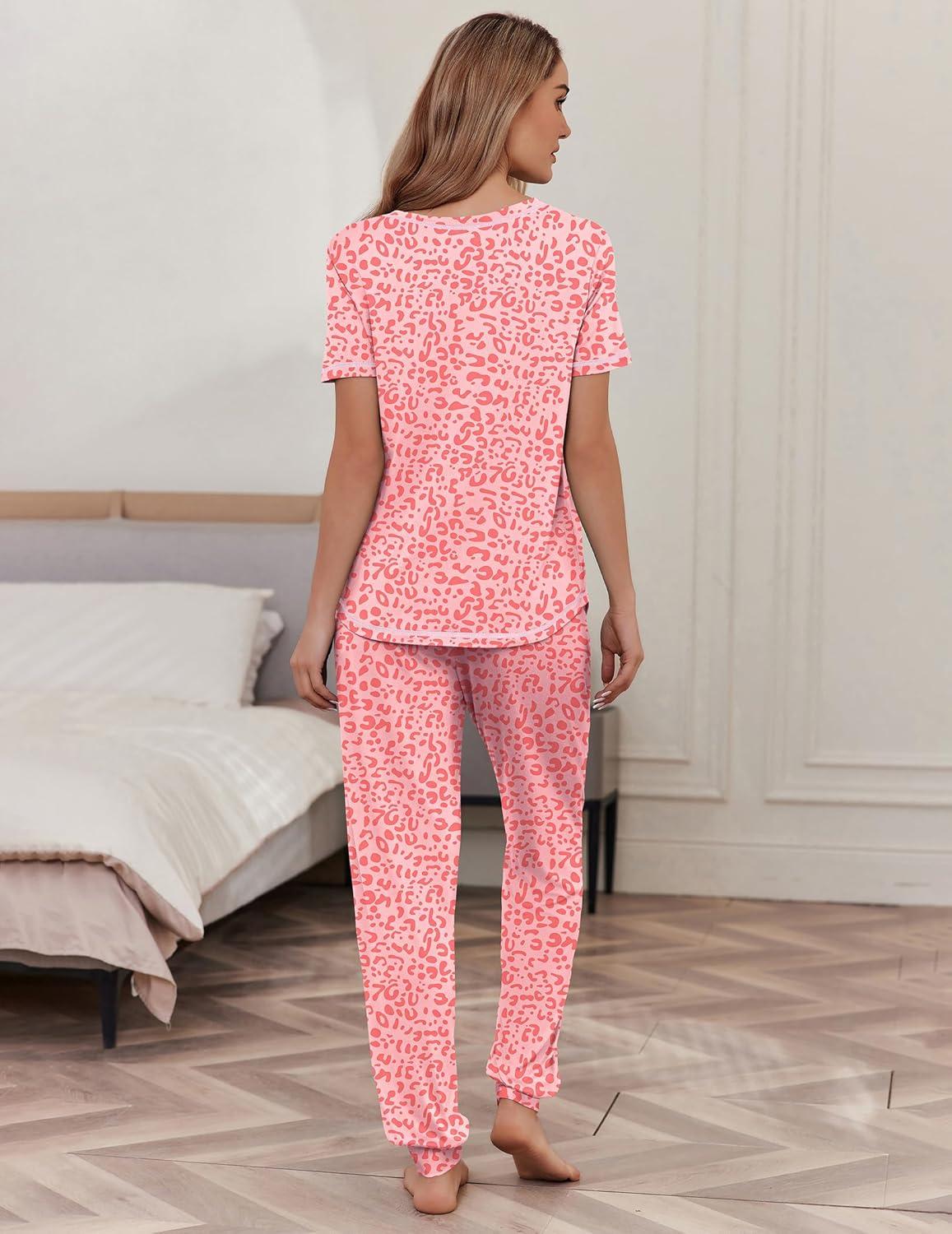 imageEkouaer womens pajama sets Short Sleeve Pjs Lounge Set 2 Piece Sleepwear with Long PantsPink Leopard