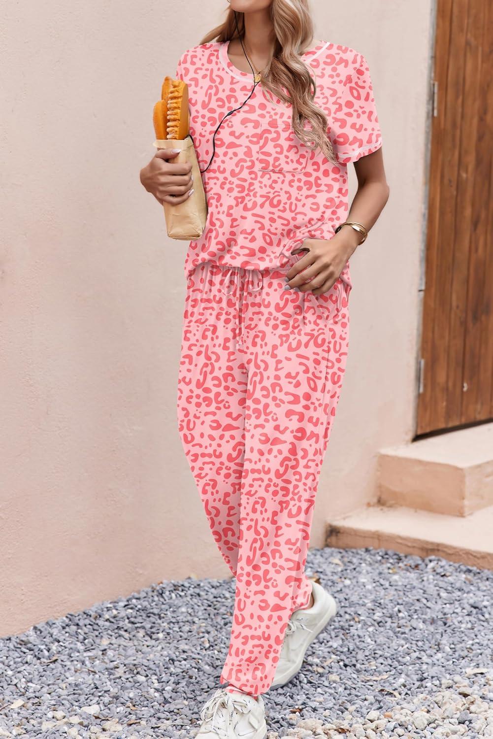 imageEkouaer womens pajama sets Short Sleeve Pjs Lounge Set 2 Piece Sleepwear with Long PantsPink Leopard