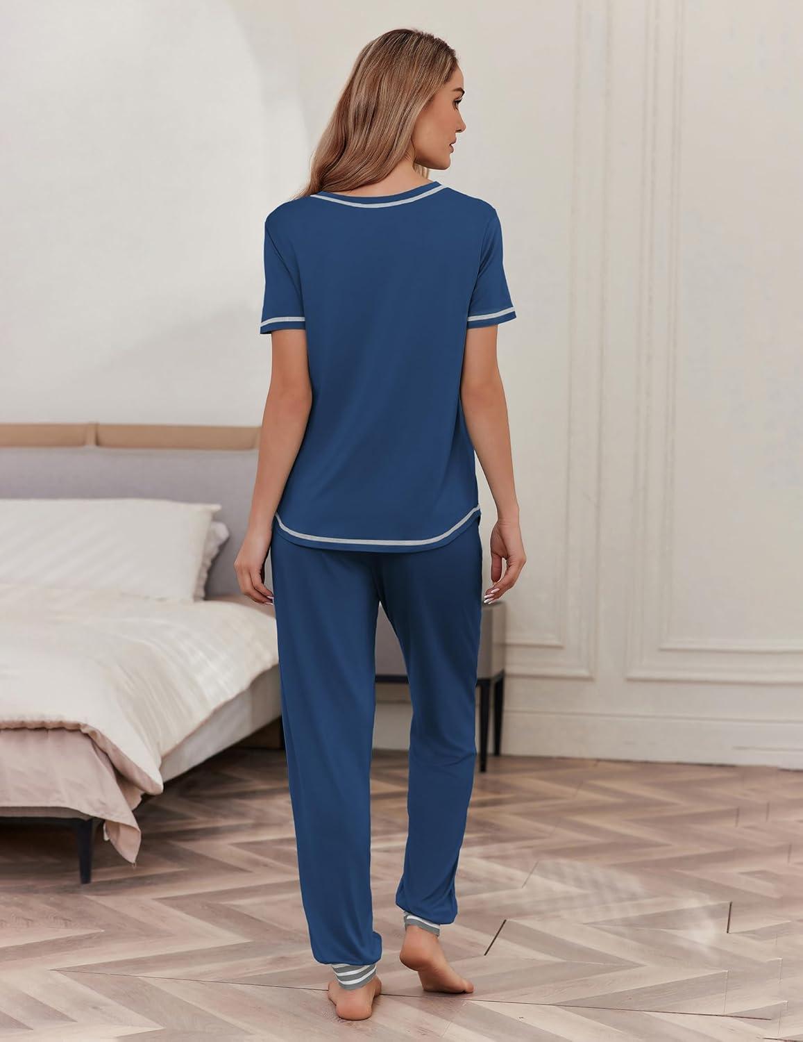 imageEkouaer womens pajama sets Short Sleeve Pjs Lounge Set 2 Piece Sleepwear with Long PantsPrussian Blue