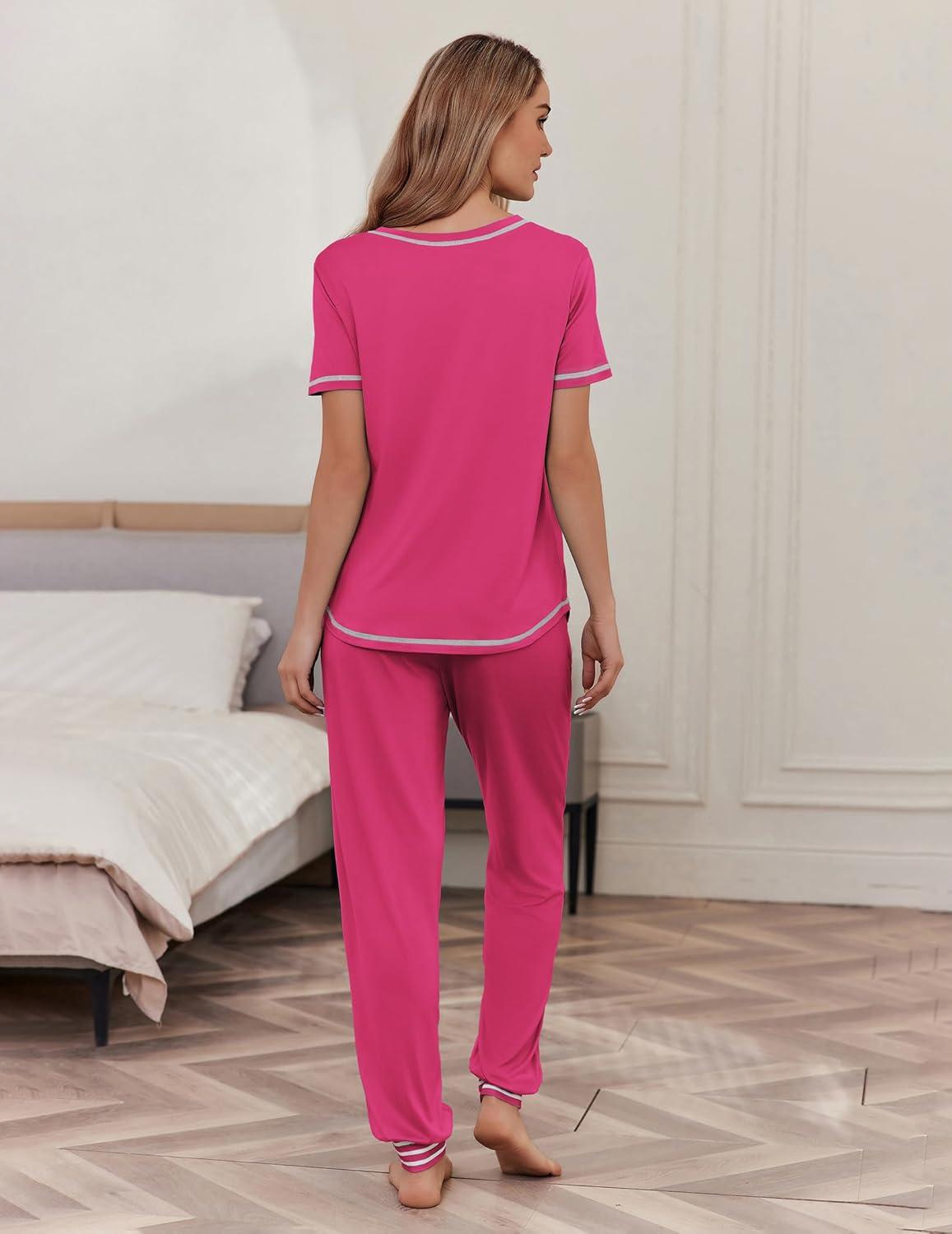 imageEkouaer womens pajama sets Short Sleeve Pjs Lounge Set 2 Piece Sleepwear with Long PantsRose