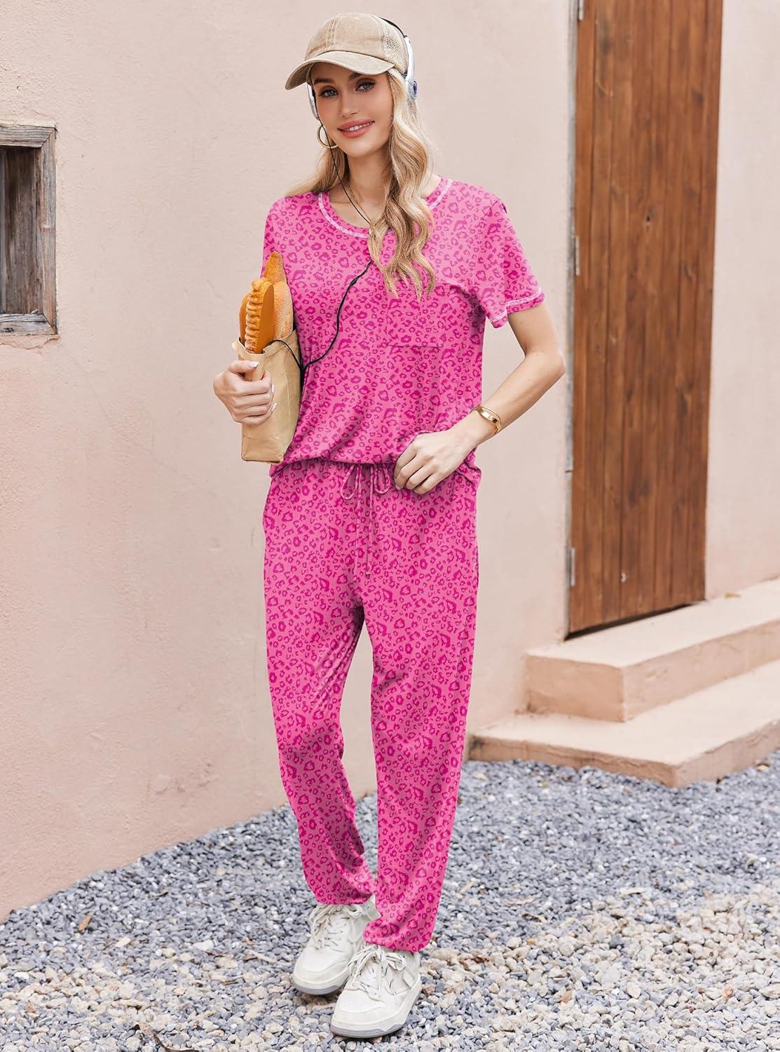 imageEkouaer womens pajama sets Short Sleeve Pjs Lounge Set 2 Piece Sleepwear with Long PantsRose Leopard