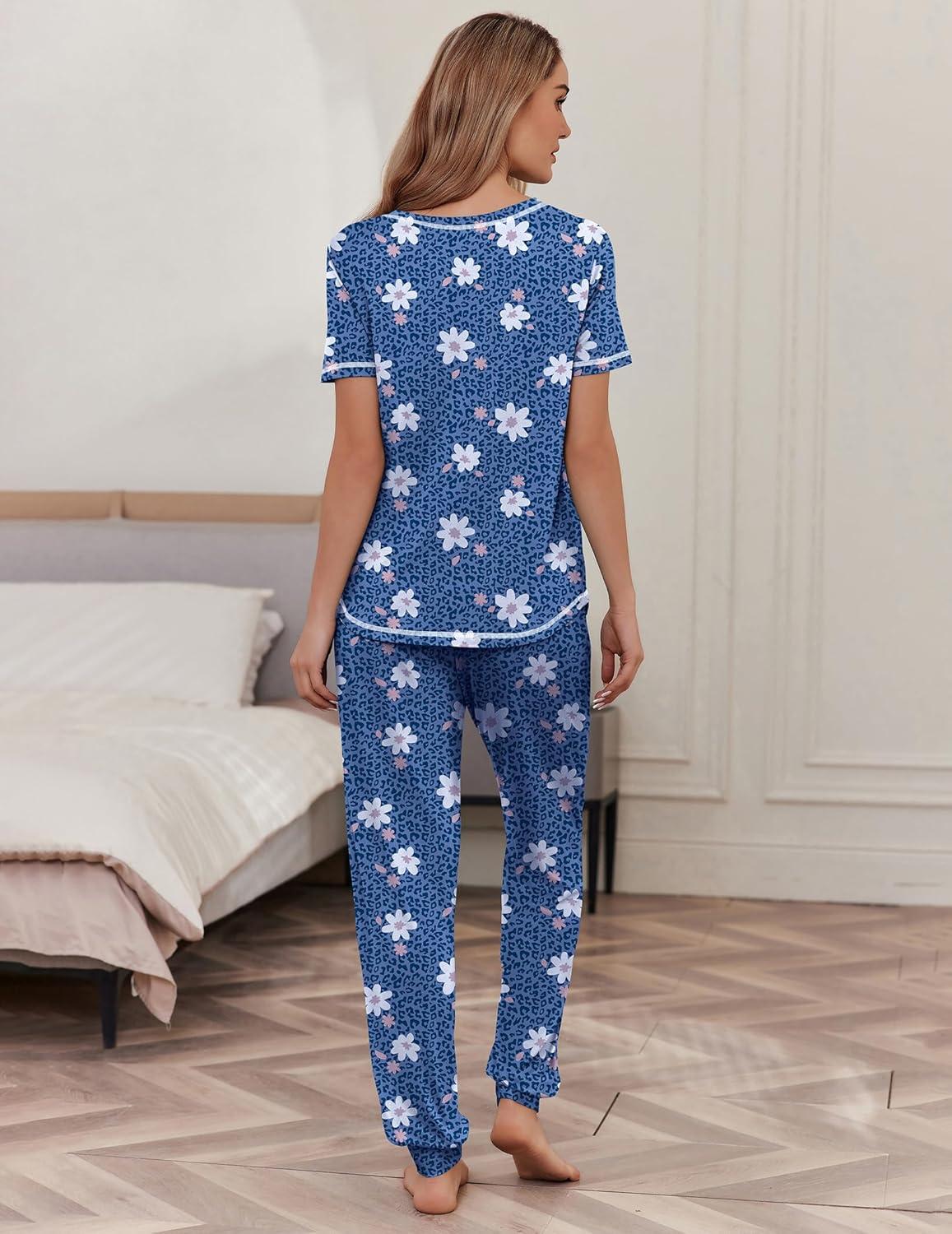imageEkouaer womens pajama sets Short Sleeve Pjs Lounge Set 2 Piece Sleepwear with Long PantsWhite Floral Blue Leopard