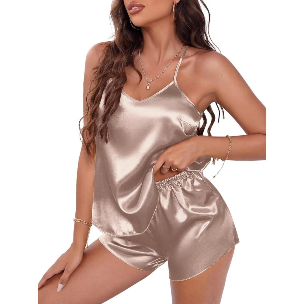 imageEKOUAER Silky Pajama Set for Women VNeck Satin Camisole Lingerie Sets Party Loungewear SleepwearApricot