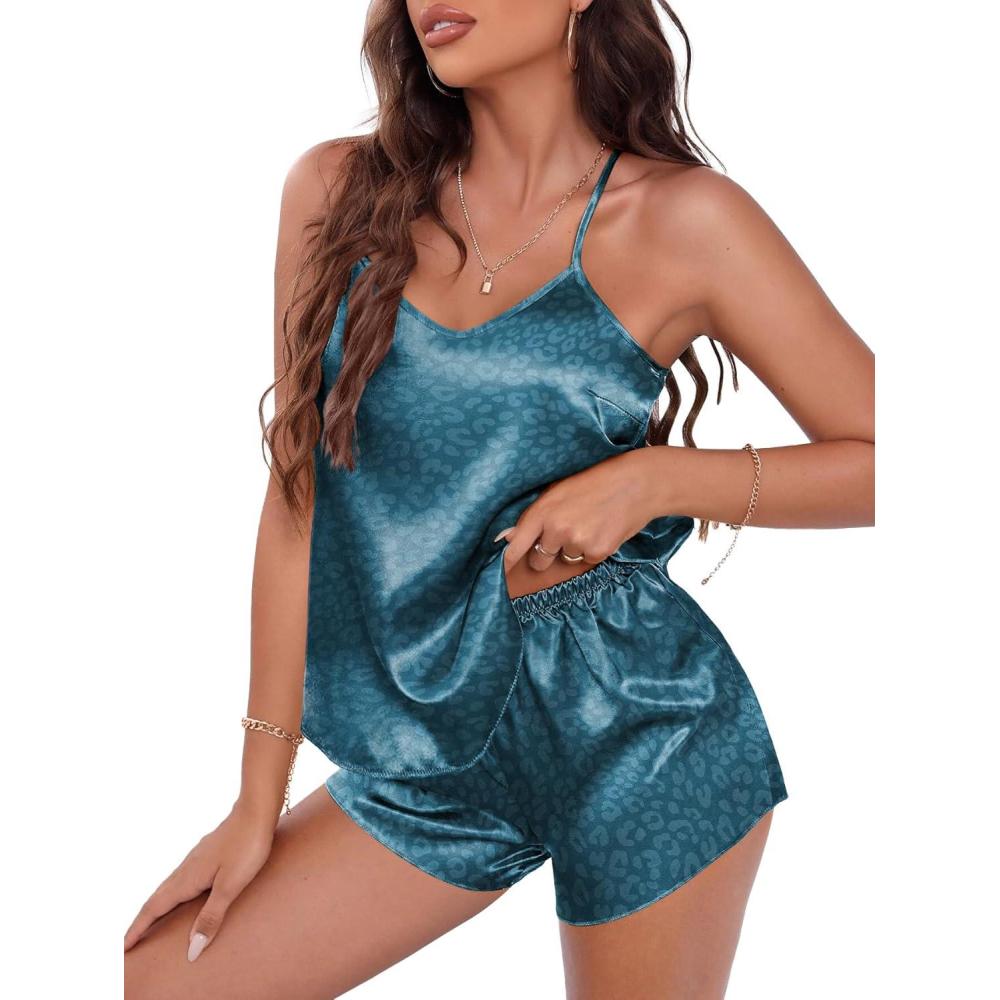 imageEKOUAER Silky Pajama Set for Women VNeck Satin Camisole Lingerie Sets Party Loungewear SleepwearBlue Leopard