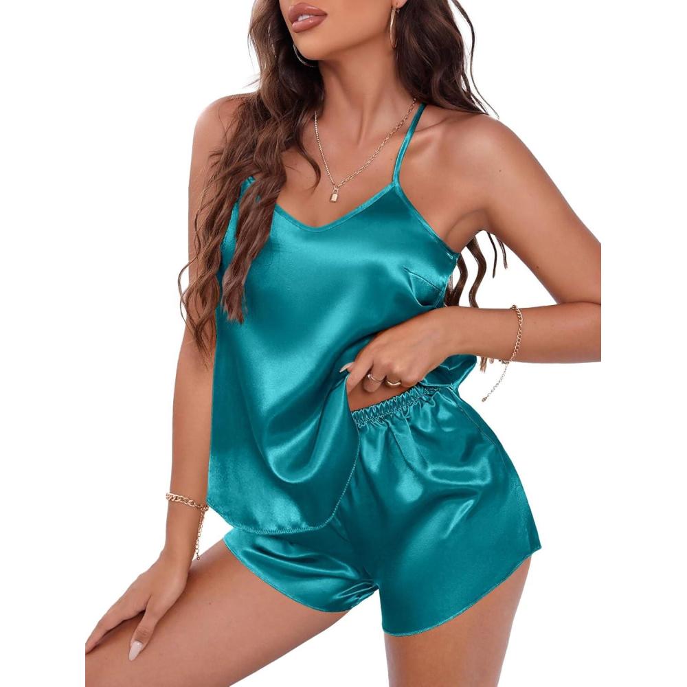 imageEKOUAER Silky Pajama Set for Women VNeck Satin Camisole Lingerie Sets Party Loungewear SleepwearBlue and Green2