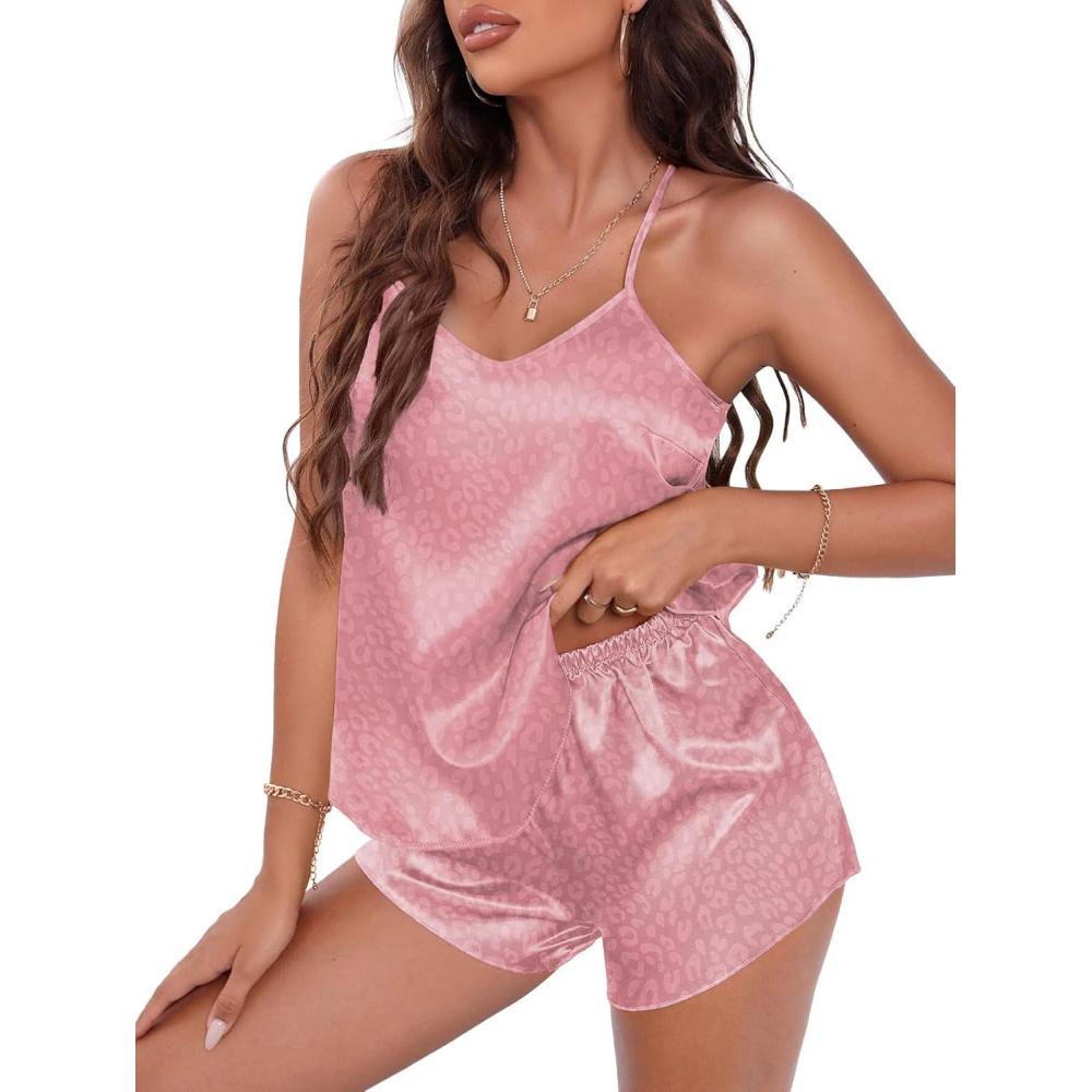 imageEKOUAER Silky Pajama Set for Women VNeck Satin Camisole Lingerie Sets Party Loungewear SleepwearGreyish Purple Leopard