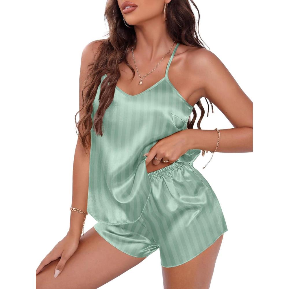 imageEKOUAER Silky Pajama Set for Women VNeck Satin Camisole Lingerie Sets Party Loungewear SleepwearLight Green Stripe