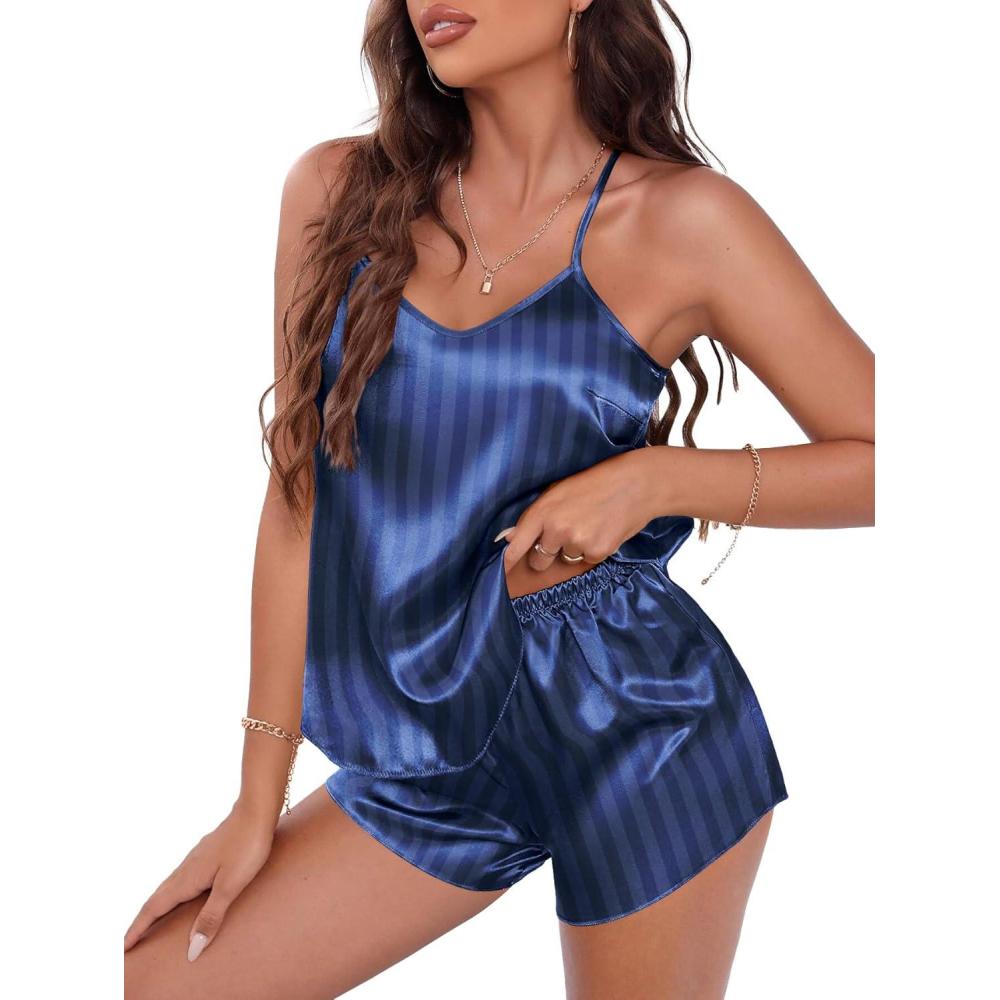 imageEKOUAER Silky Pajama Set for Women VNeck Satin Camisole Lingerie Sets Party Loungewear SleepwearNavy Stripe