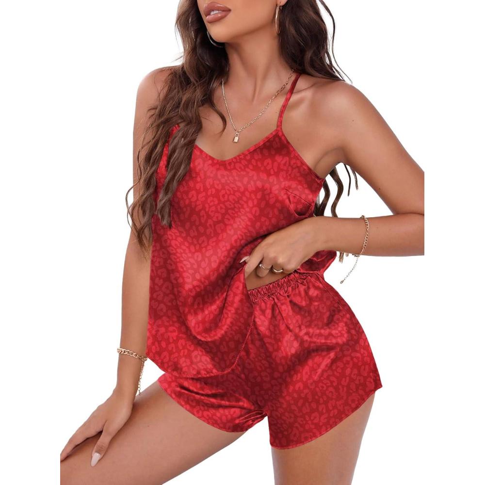 imageEKOUAER Silky Pajama Set for Women VNeck Satin Camisole Lingerie Sets Party Loungewear SleepwearRed Leopard