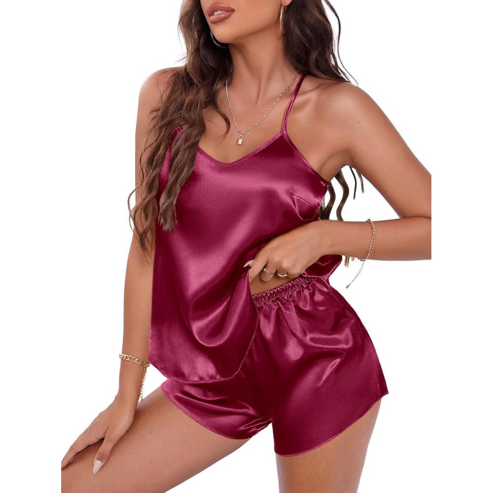 imageEKOUAER Silky Pajama Set for Women VNeck Satin Camisole Lingerie Sets Party Loungewear SleepwearWine Red2