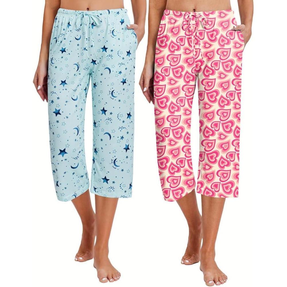 imageEkouaer 2 Pack Womens Capri Pajama Pants Printed Drawstring Comfy Pj Bottoms With PocketsBluePink