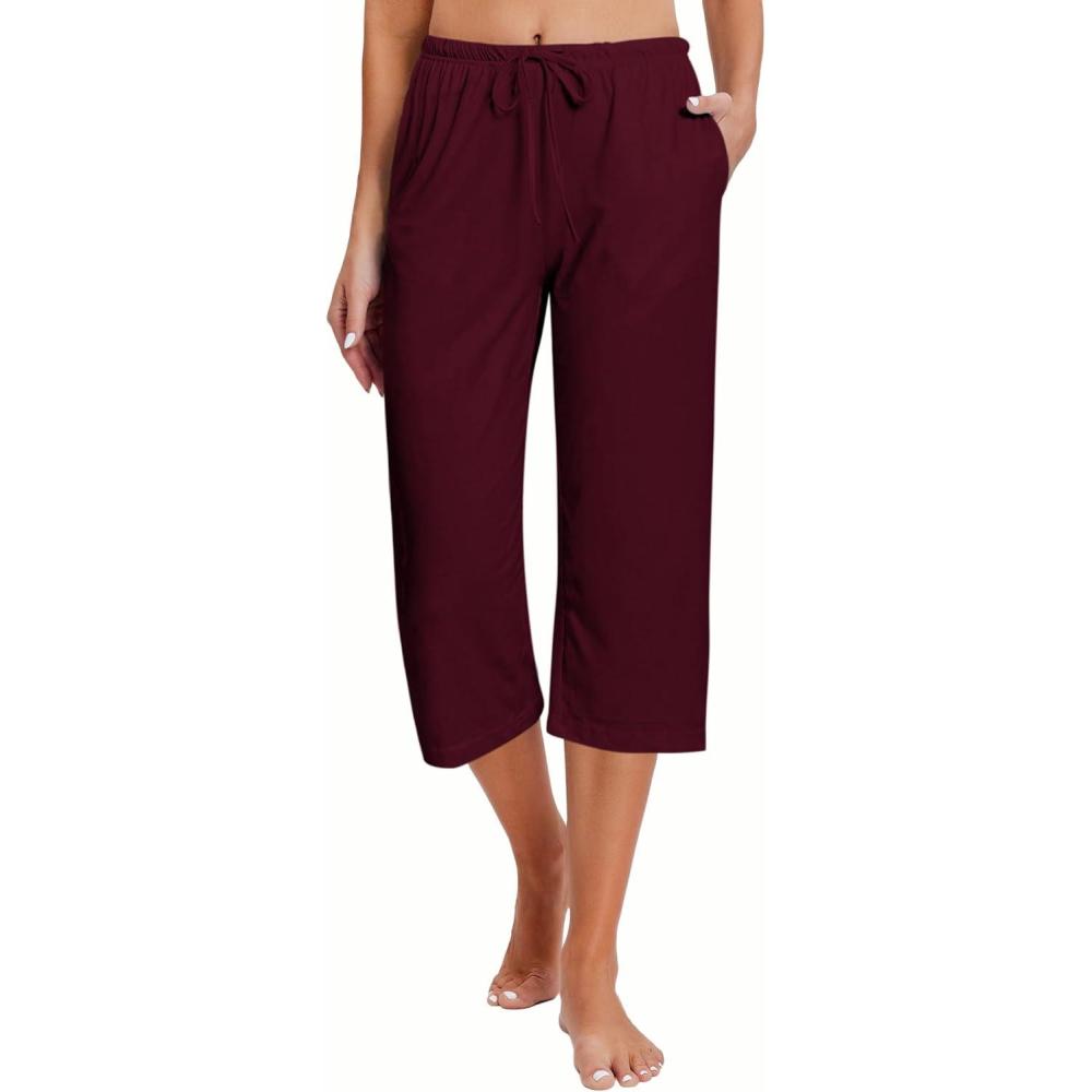 imageEkouaer 2 Pack Womens Capri Pajama Pants Printed Drawstring Comfy Pj Bottoms With PocketsBurgundy