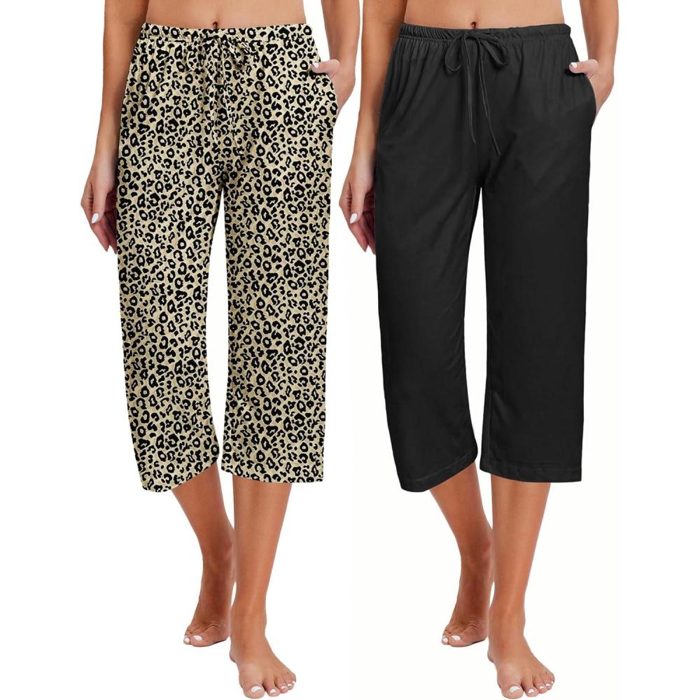 imageEkouaer 2 Pack Womens Capri Pajama Pants Printed Drawstring Comfy Pj Bottoms With PocketsLeopard Black