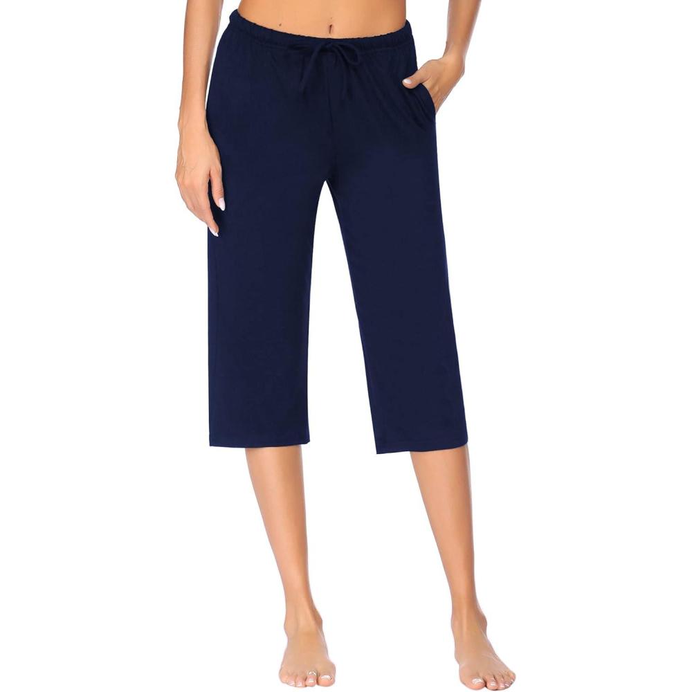 imageEkouaer 2 Pack Womens Capri Pajama Pants Printed Drawstring Comfy Pj Bottoms With PocketsNavy Blue