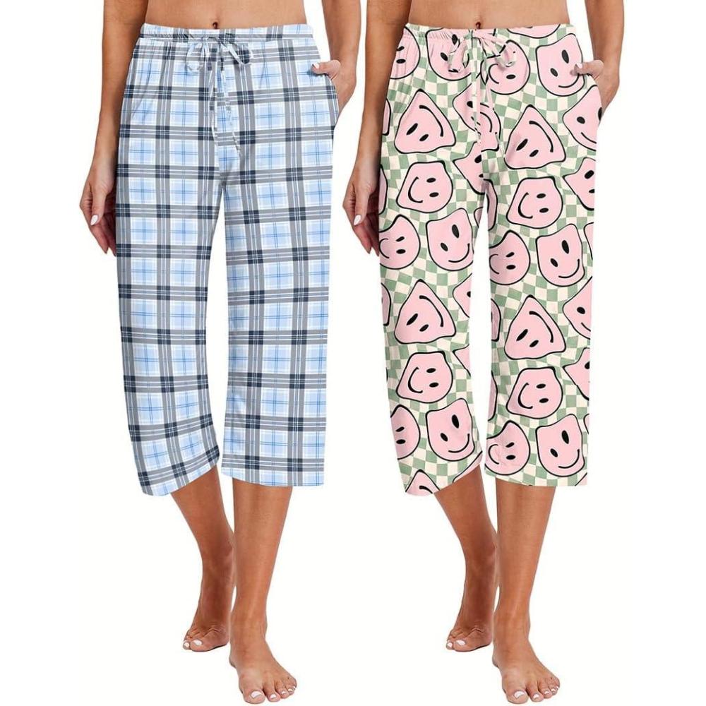 imageEkouaer 2 Pack Womens Capri Pajama Pants Printed Drawstring Comfy Pj Bottoms With PocketsPowder BluePeach