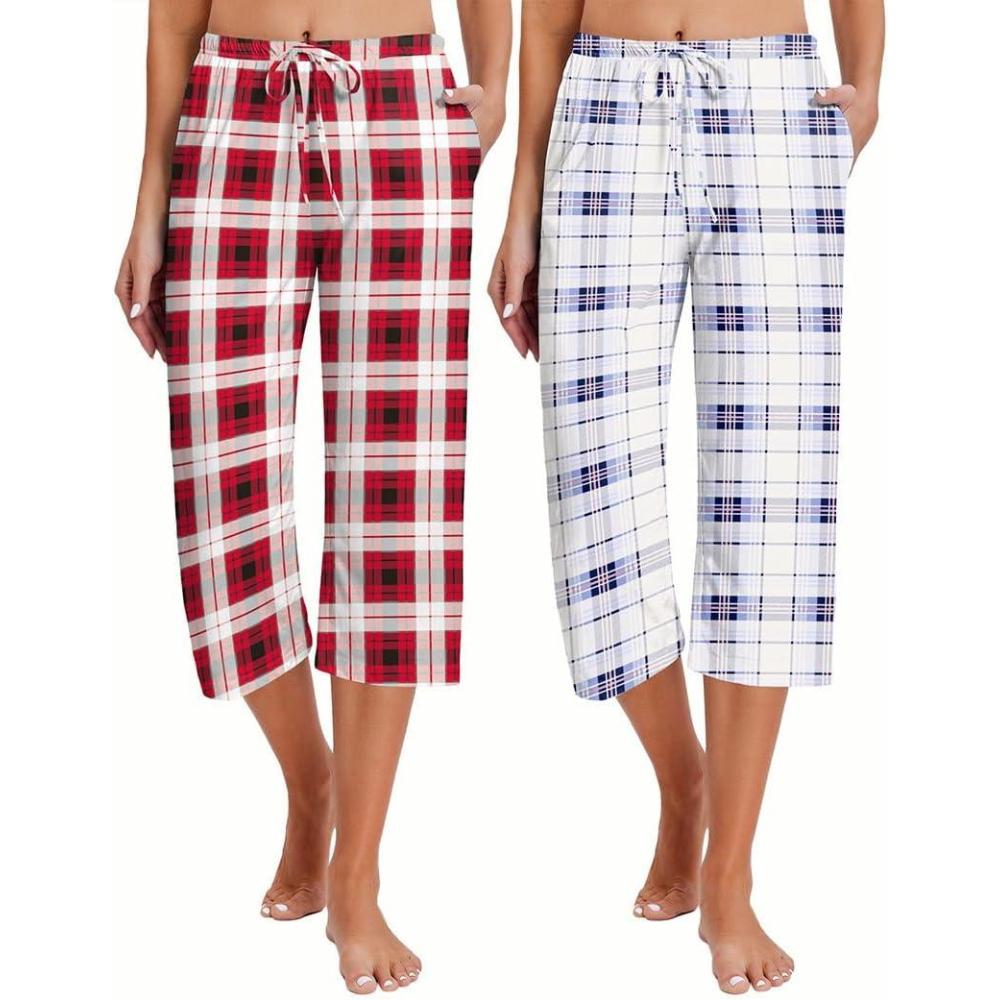 imageEkouaer 2 Pack Womens Capri Pajama Pants Printed Drawstring Comfy Pj Bottoms With PocketsRedBlue