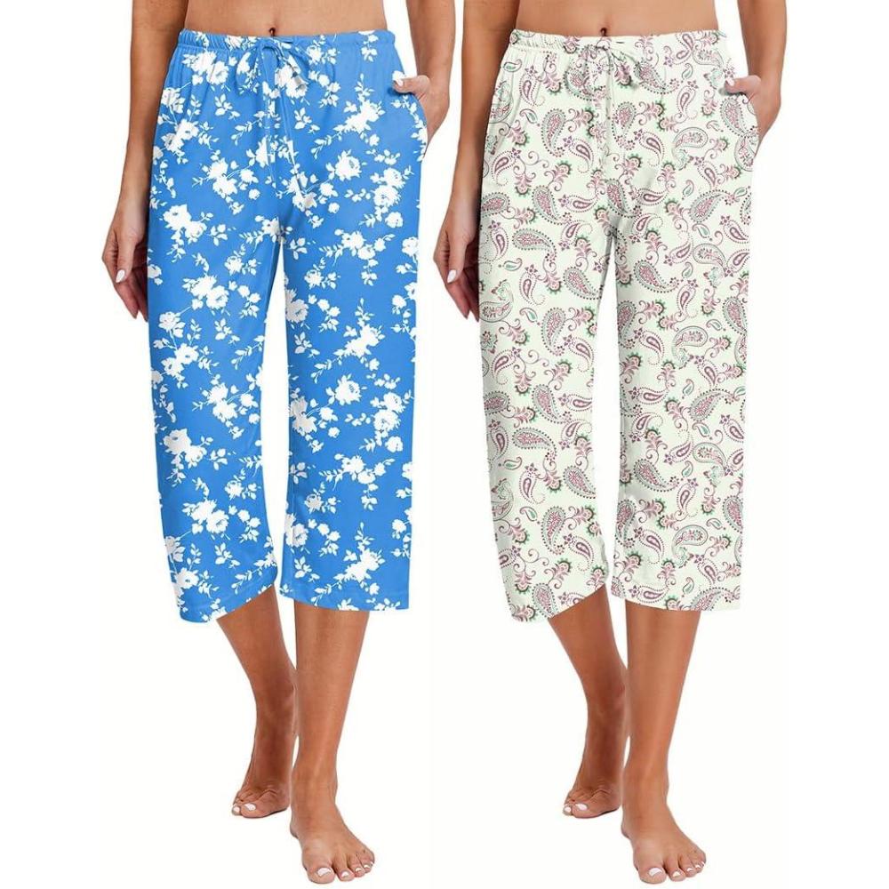 imageEkouaer 2 Pack Womens Capri Pajama Pants Printed Drawstring Comfy Pj Bottoms With PocketsRoyal BlueBeige