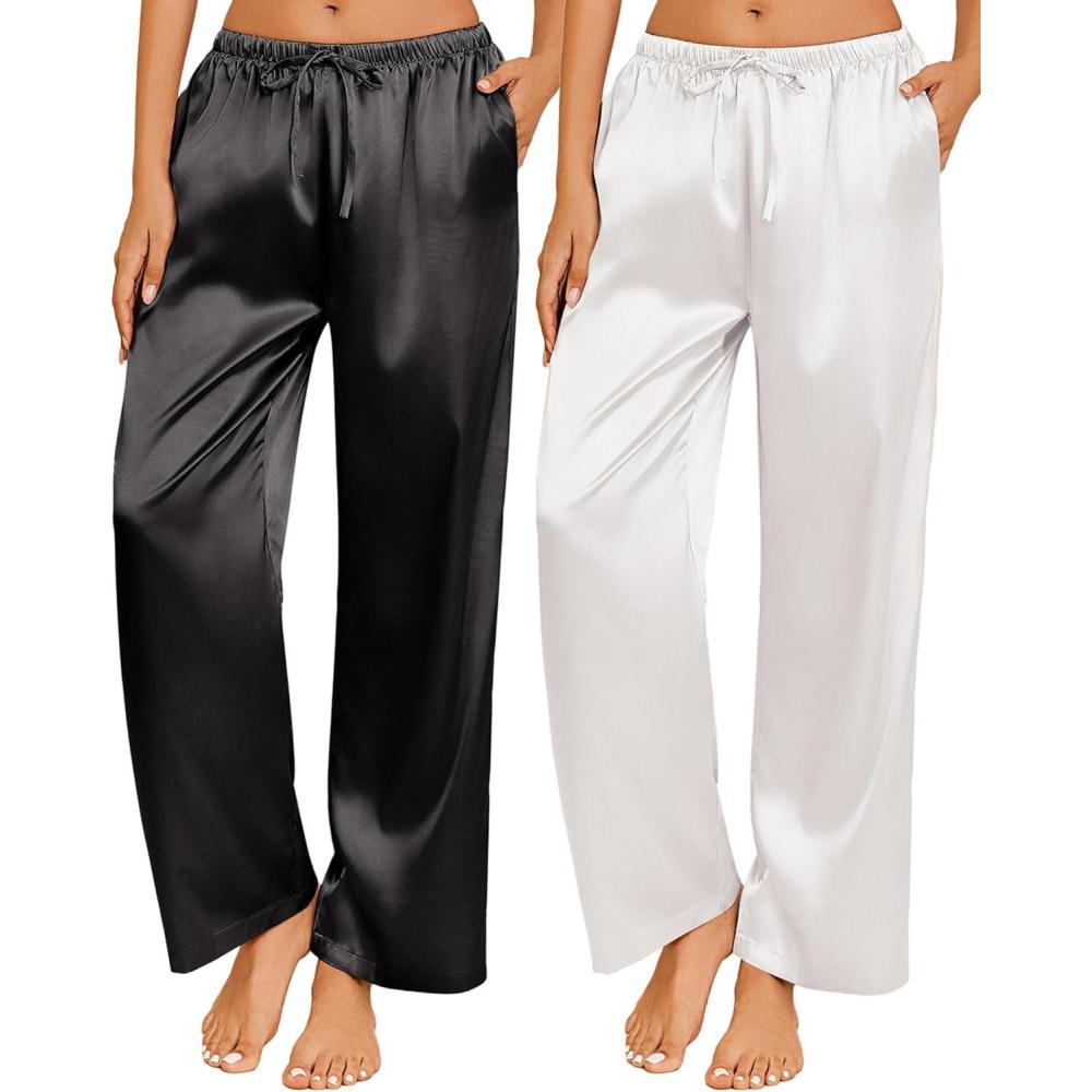 imageEkouaer 2 Pack Womens Satin Pajama Pants Silk Sleep Lounge Pants Loose Pj Bottom with PocketsBlack and White