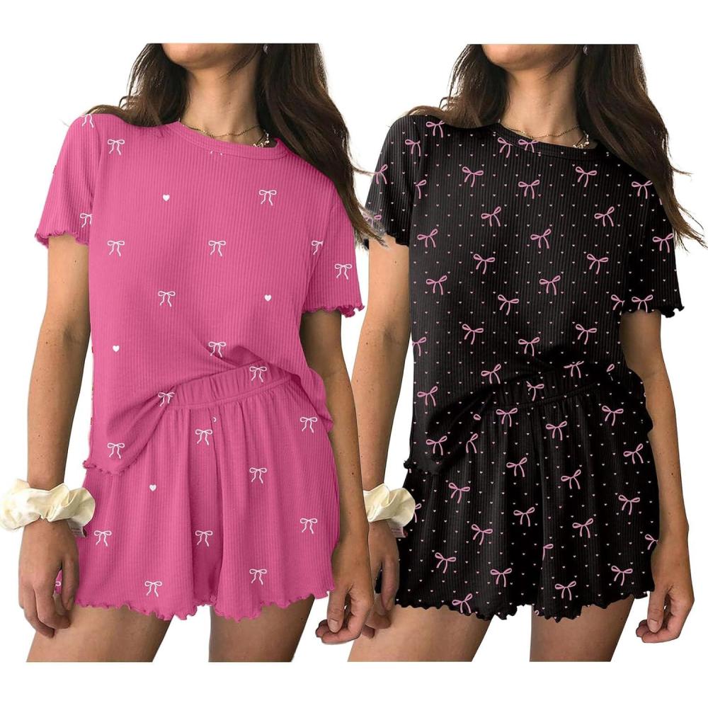 imageEkouaer 2 Packs Womens Pajama Set Short Sleeve Sleepwear Soft Top and Shorts Pjs Casual Outfits Lounge Set with PocketsRose Red BowBlack Bow