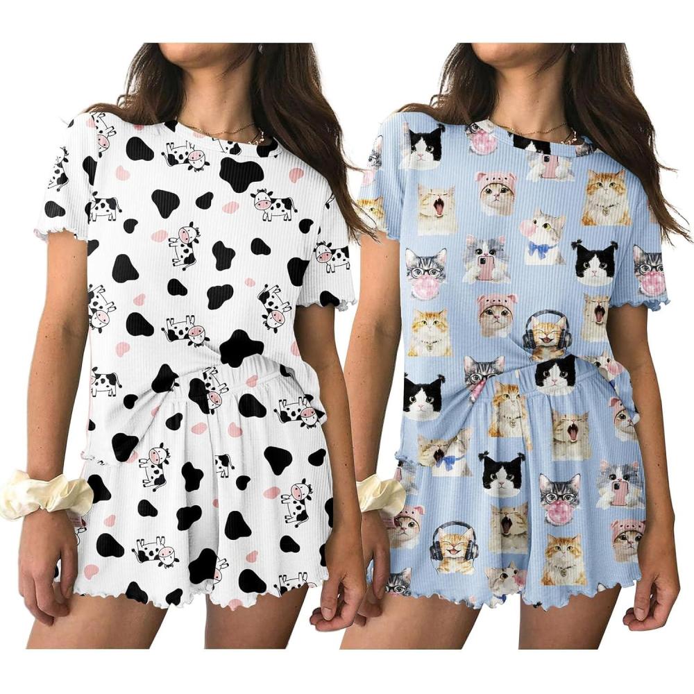 imageEkouaer 2 Packs Womens Pajama Set Short Sleeve Sleepwear Soft Top and Shorts Pjs Casual Outfits Lounge Set with PocketsWhite CowBlue Cat