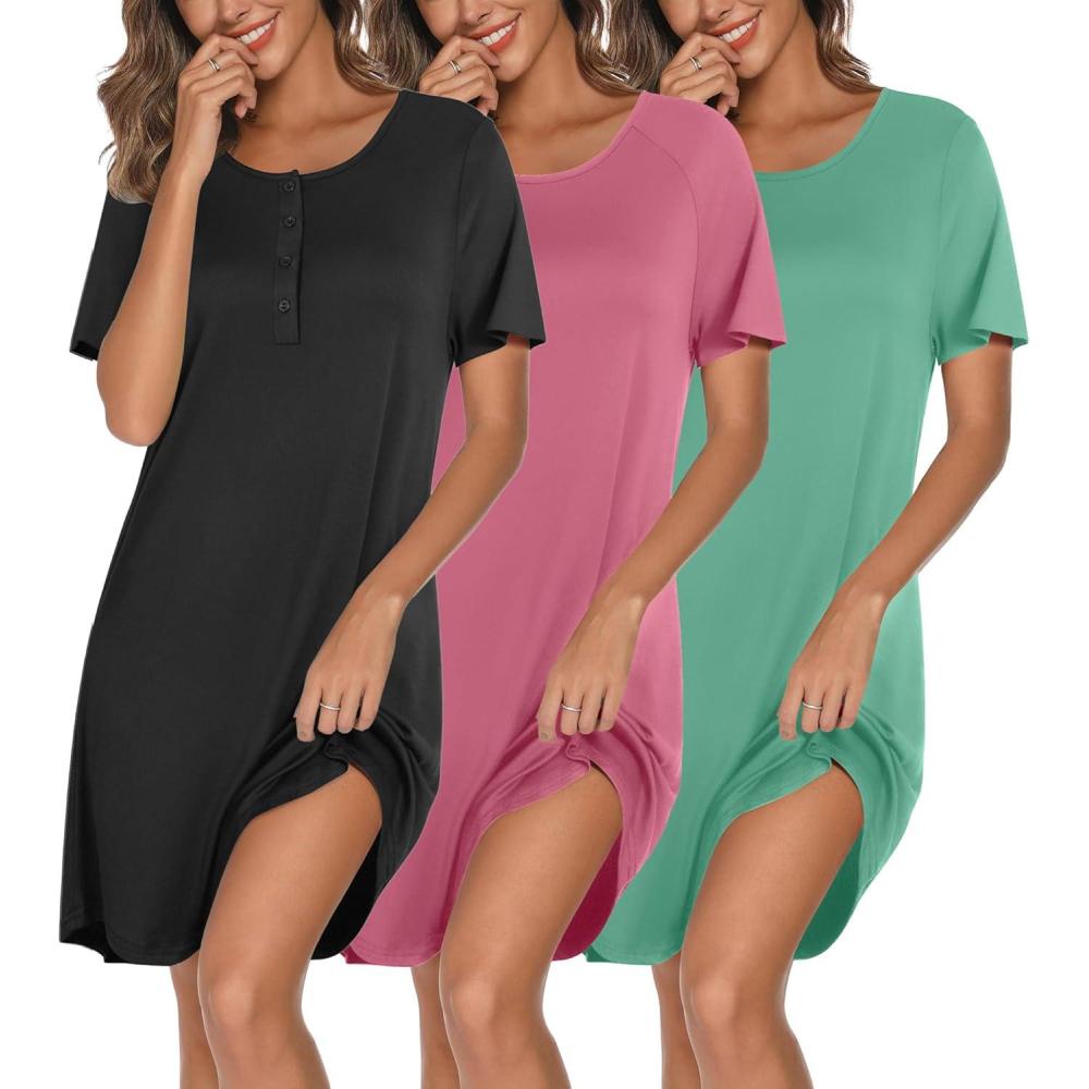 imageEkouaer 3 Pack Nightgowns for Women Short Sleeve Sleepshirt Button Down Nightshirt Soft Pajamas Dress Casual SleepwearBlackPeach RedCeladon Green