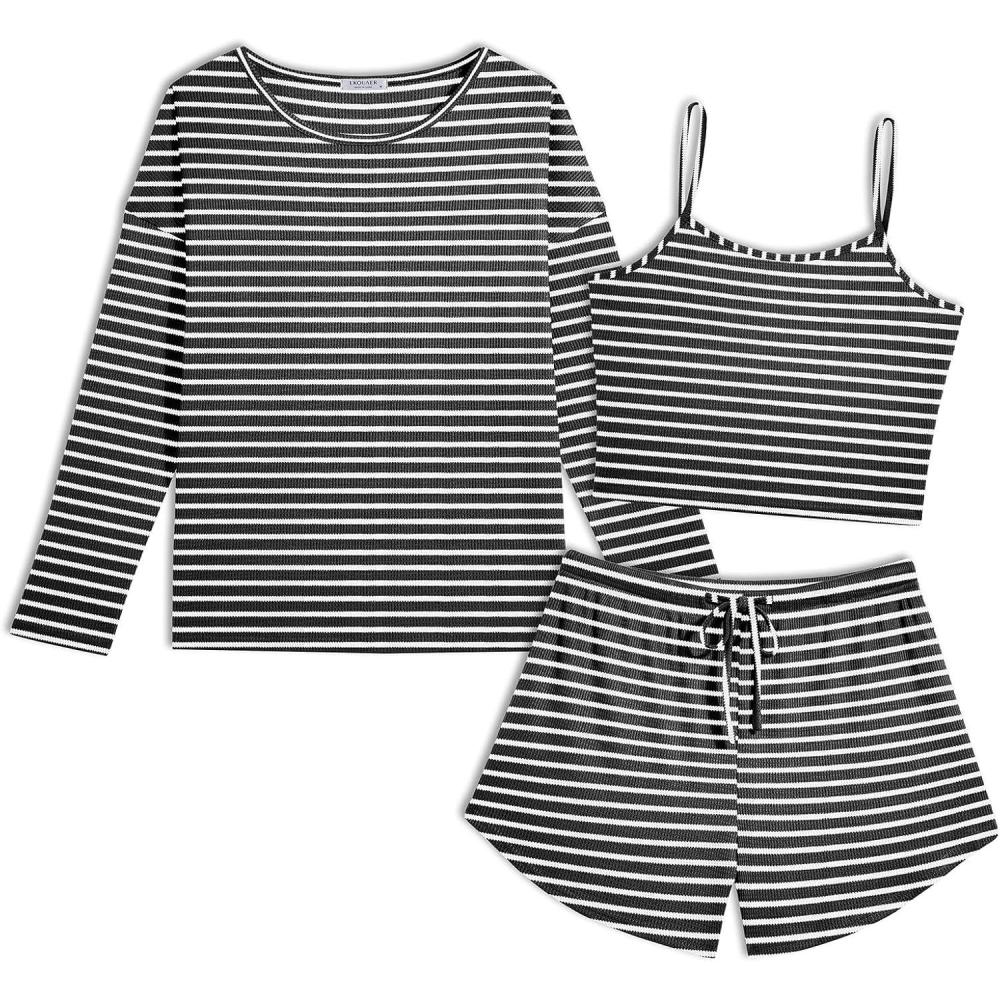 imageEkouaer 3 Piece Waffle Knit Lounge Set for Women Long Sleeve and Cami Top with Shorts Pajama Sets for All SeasonsBlack and White Stripes