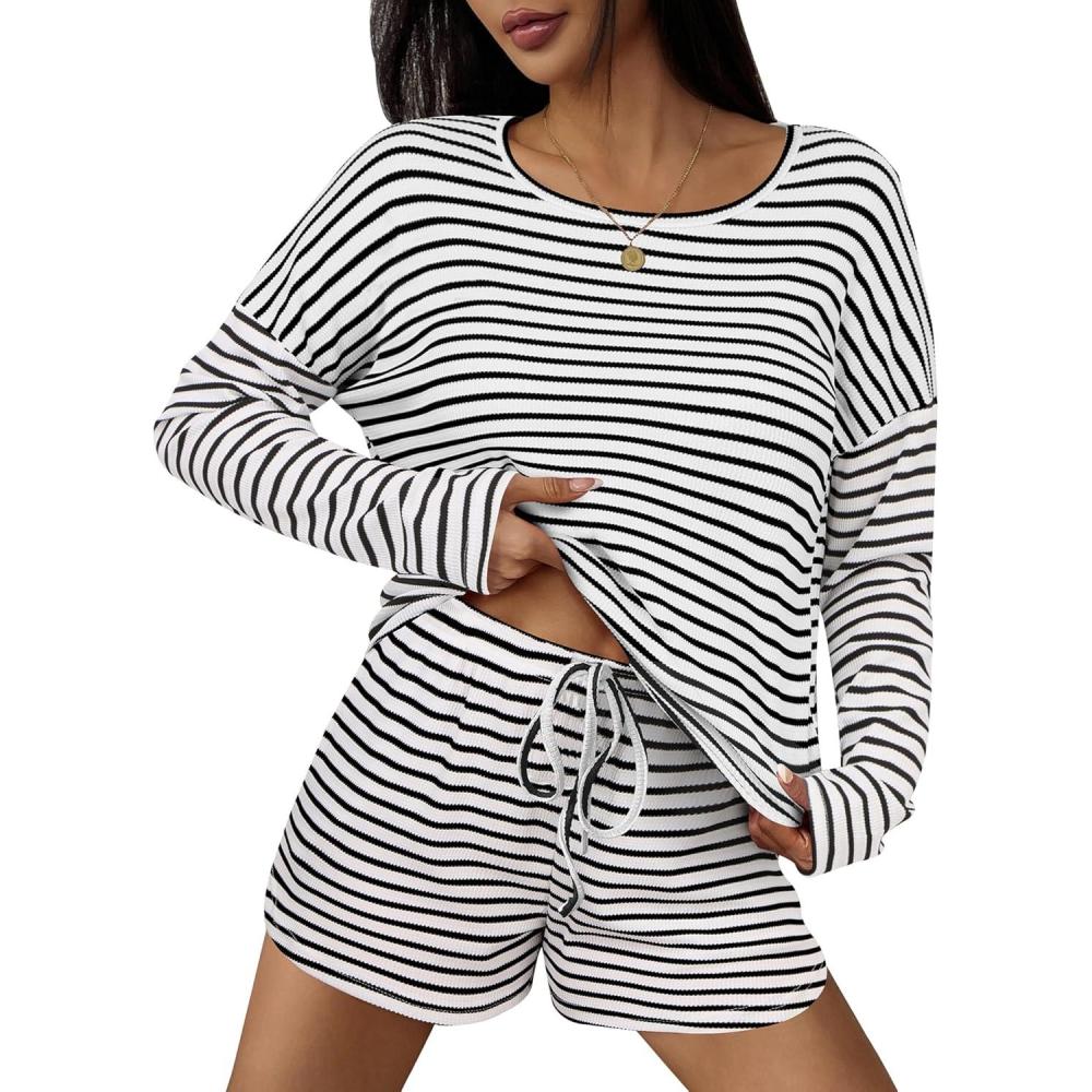 imageEkouaer 3 Piece Waffle Knit Lounge Set for Women Long Sleeve and Cami Top with Shorts Pajama Sets for All SeasonsBlackWhite