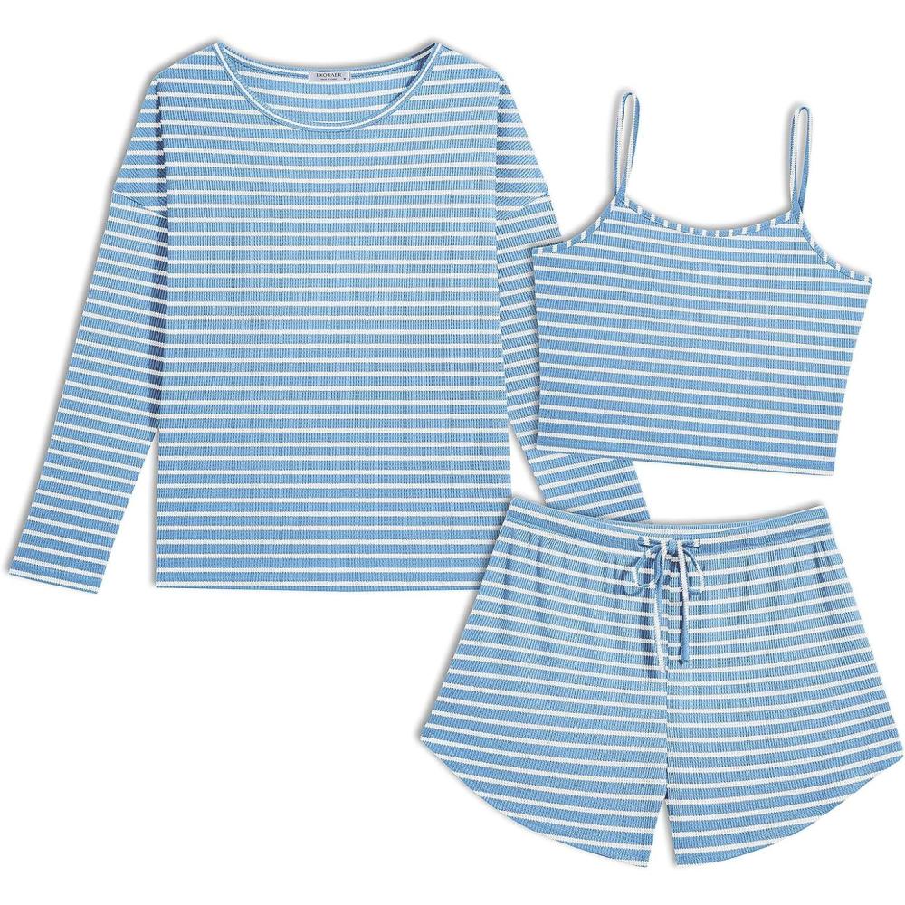 imageEkouaer 3 Piece Waffle Knit Lounge Set for Women Long Sleeve and Cami Top with Shorts Pajama Sets for All SeasonsBlue and White Stripes