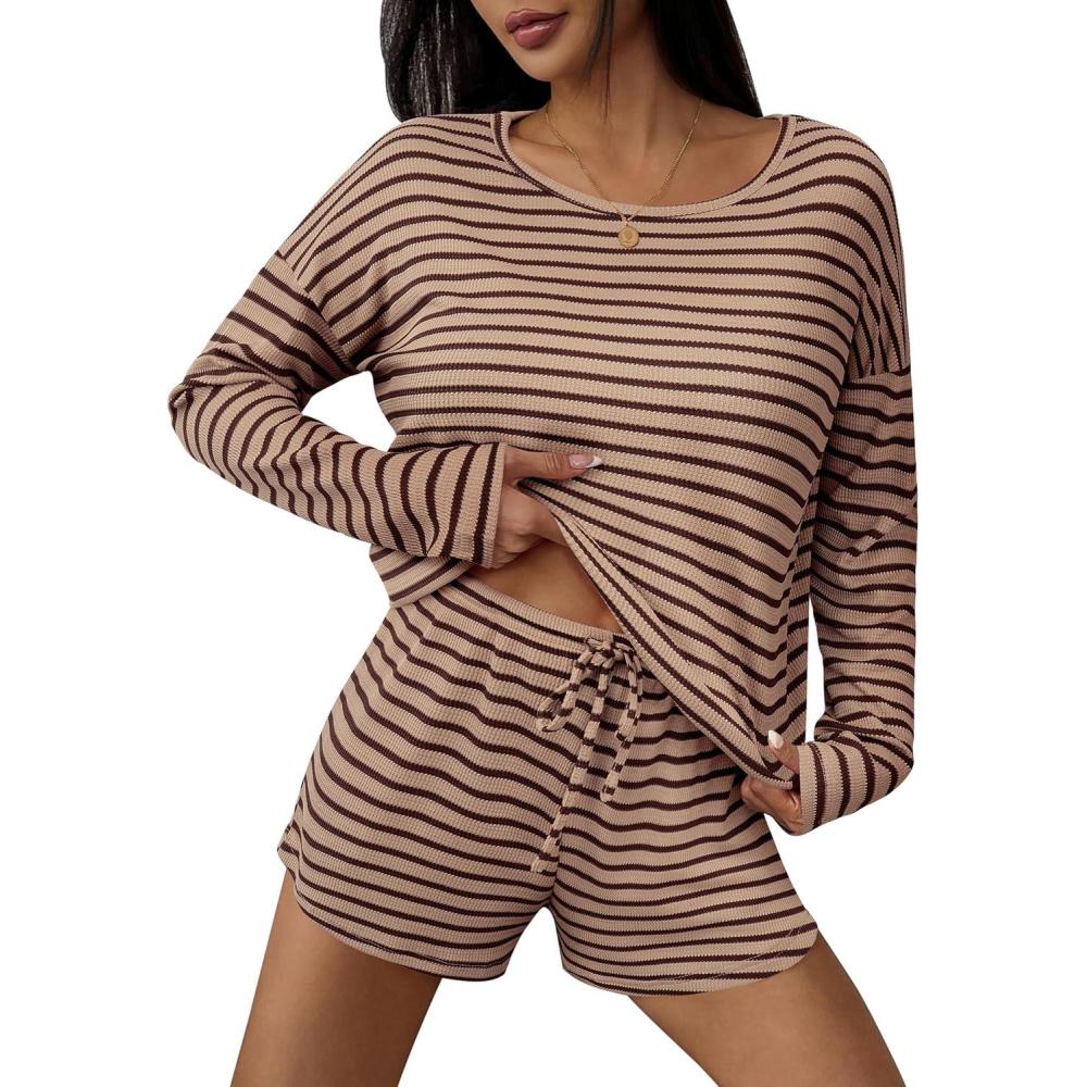 imageEkouaer 3 Piece Waffle Knit Lounge Set for Women Long Sleeve and Cami Top with Shorts Pajama Sets for All SeasonsBrownKhaki
