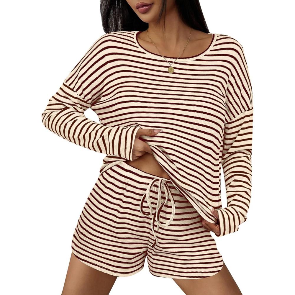 imageEkouaer 3 Piece Waffle Knit Lounge Set for Women Long Sleeve and Cami Top with Shorts Pajama Sets for All SeasonsBrownWhite