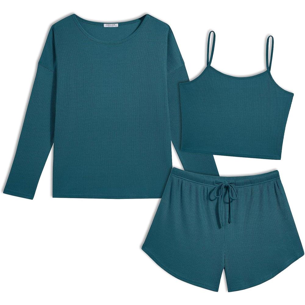 imageEkouaer 3 Piece Waffle Knit Lounge Set for Women Long Sleeve and Cami Top with Shorts Pajama Sets for All SeasonsGreen