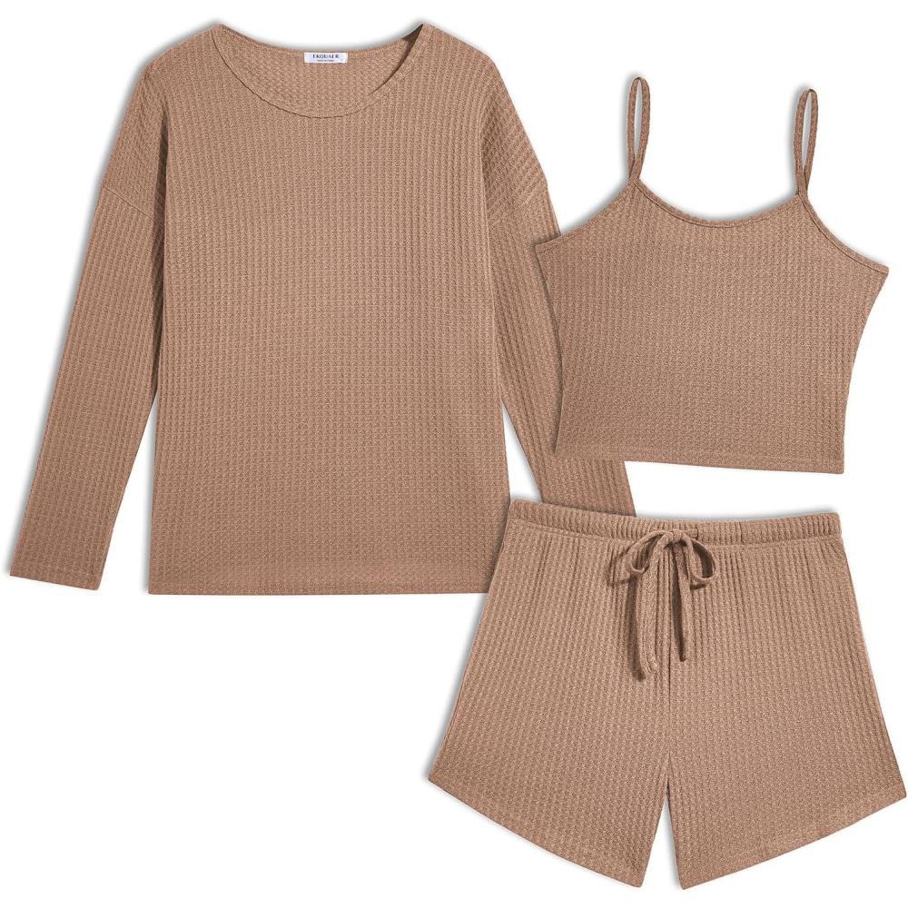 imageEkouaer 3 Piece Waffle Knit Lounge Set for Women Long Sleeve and Cami Top with Shorts Pajama Sets for All SeasonsKhaki