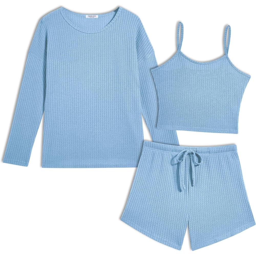 imageEkouaer 3 Piece Waffle Knit Lounge Set for Women Long Sleeve and Cami Top with Shorts Pajama Sets for All SeasonsLight Blue