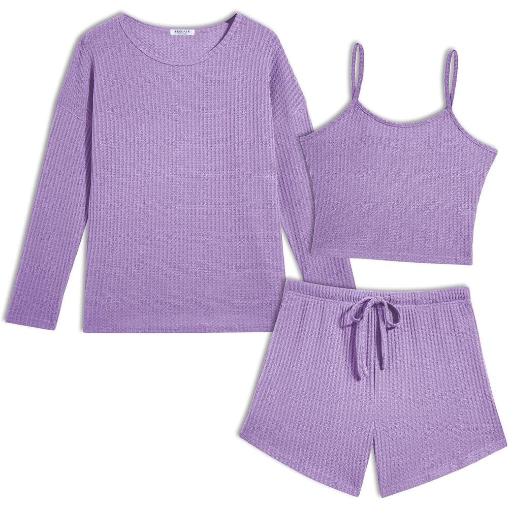 imageEkouaer 3 Piece Waffle Knit Lounge Set for Women Long Sleeve and Cami Top with Shorts Pajama Sets for All SeasonsLight Purple