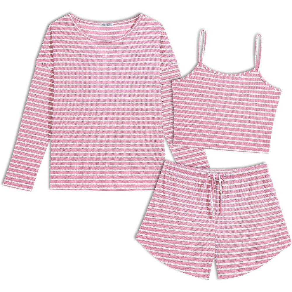 imageEkouaer 3 Piece Waffle Knit Lounge Set for Women Long Sleeve and Cami Top with Shorts Pajama Sets for All SeasonsPink and White Stripes